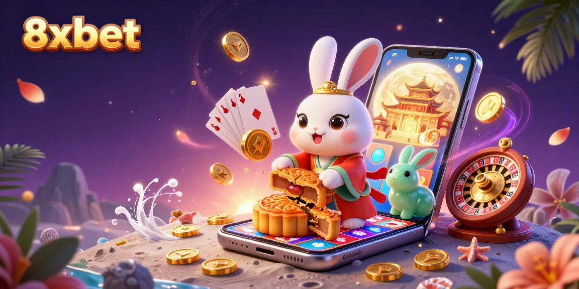 Spin and win with 8xbet as the moon rabbit reveals hidden poker chips amidst dynamic casino elements.