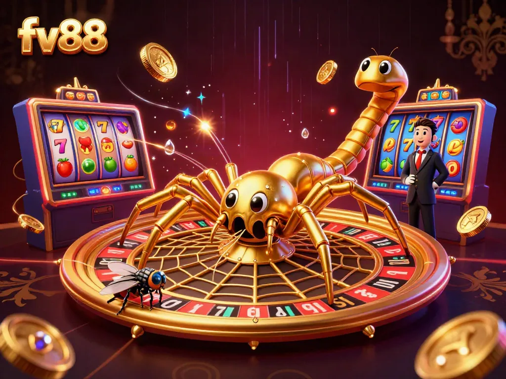 Fv88 showcases a thrilling casino scene with a golden spider and a nervously betting fly, featuring rich slot elements!