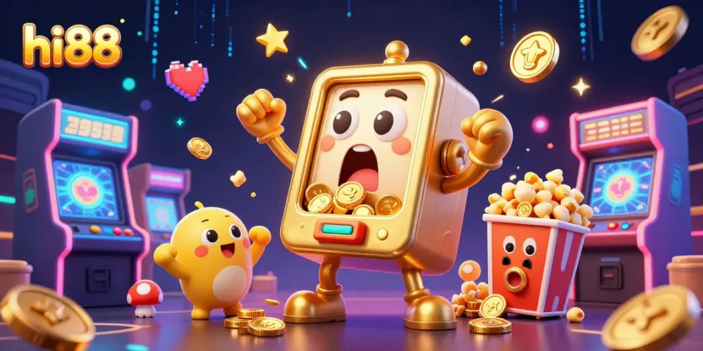 Experience excitement with hi88 as a golden slot machine hits a jackpot surrounded by cheering mini versions and arcade game elements.