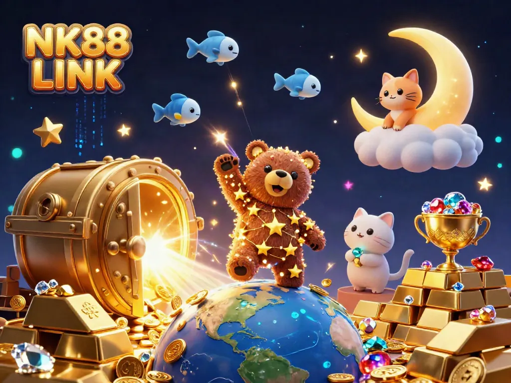 Engage with the thrilling world of NK88 LINK, where a constellation bear and crescent moon cat celebrate riches in a magical scene.