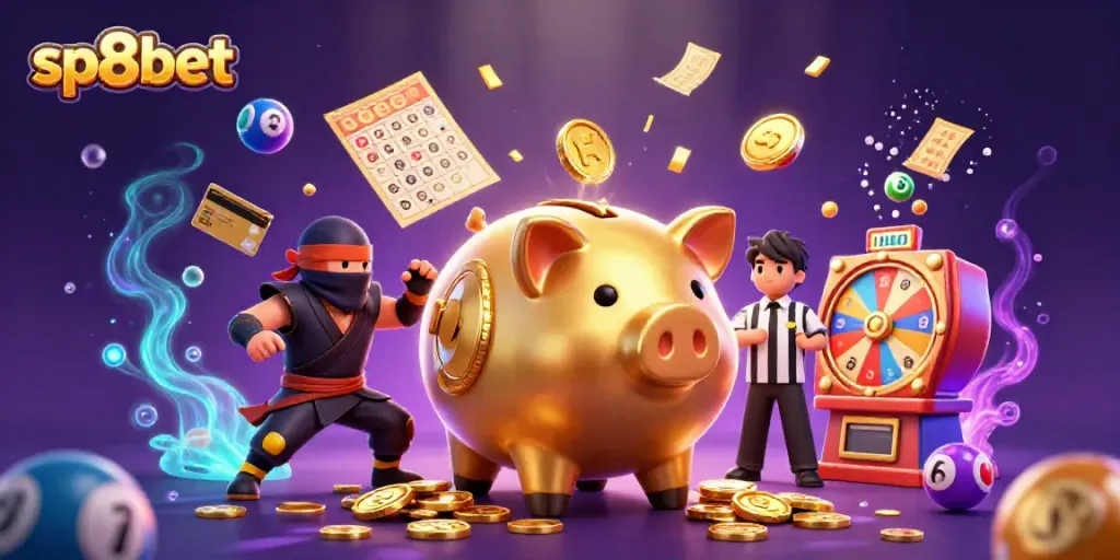 Experience exciting gaming and vibrant play with sp8bet’s dynamic casino scene featuring a golden piggy bank sumo wrestler.