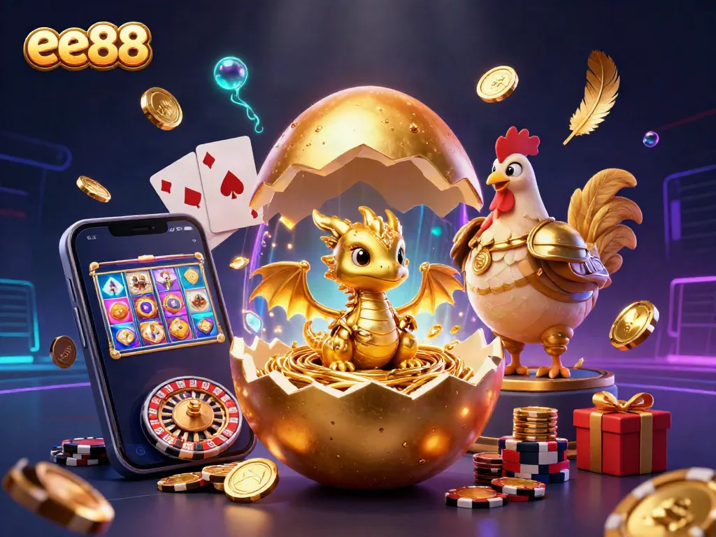 Experience exhilarating moments with ee88 as a golden dragon emerges from poker chips, surrounded by slot games.