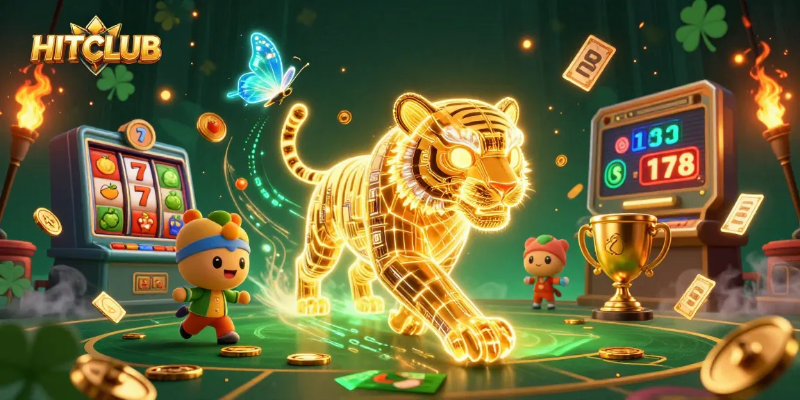 Experience the thrill of HITCLUB's vibrant casino scene with a golden tiger and exciting slot elements.