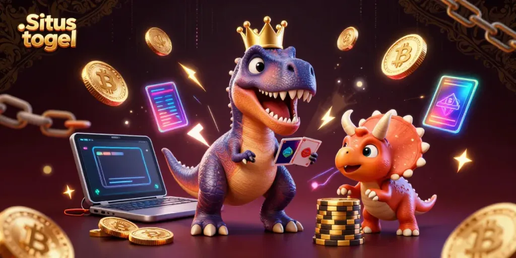 This vibrant scene illustrates Situs togel activities with cartoon dinosaurs shuffling cards and stacking chips.