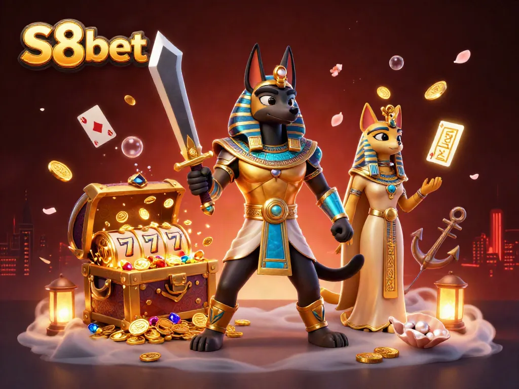 Experience the excitement of S8bet with a dynamic scene featuring Anubis, Bastet, and casino elements including slot reels.