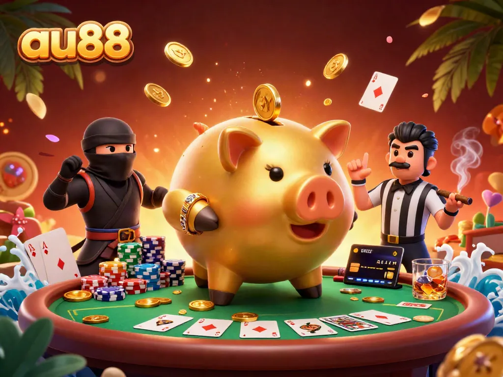 Join the excitement at au88 with a dynamic casino scene featuring a golden piggy bank sumo wrestler and vibrant poker elements.