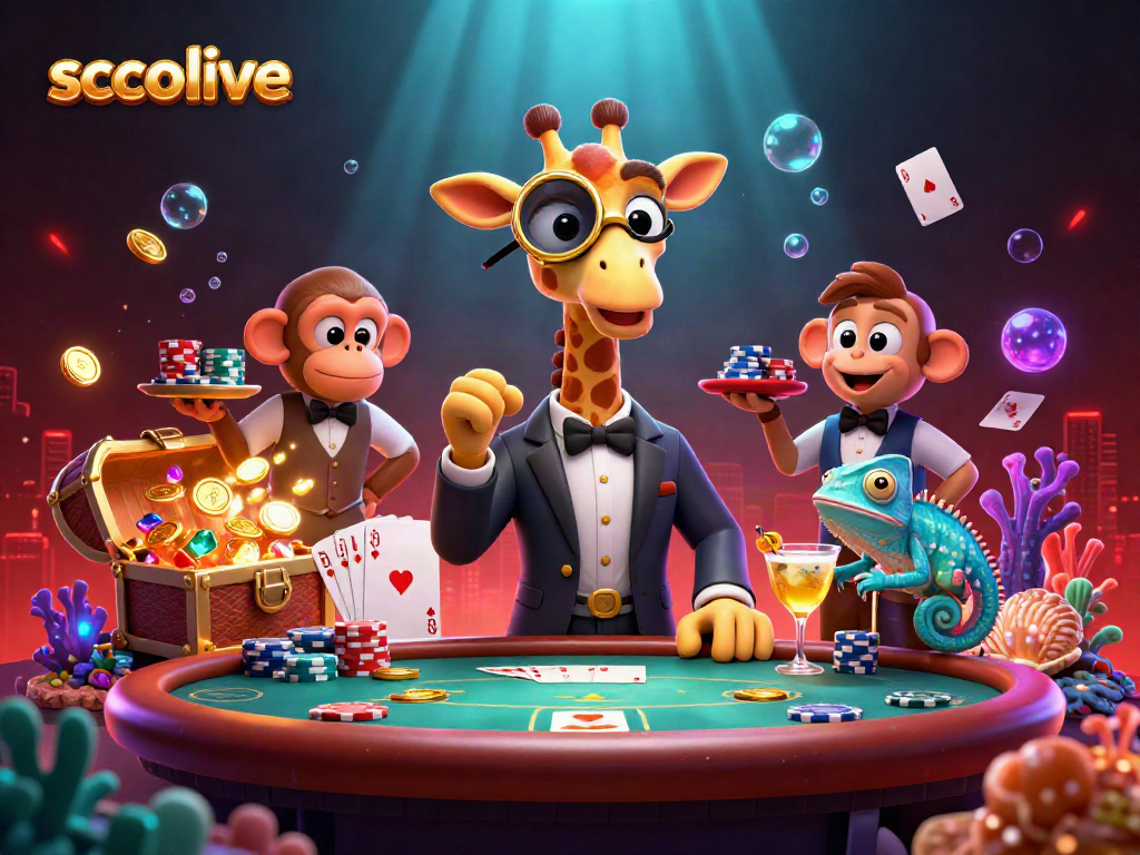 Socolive captivates with a high-roller giraffe at a poker table in this vibrant casino illustration.