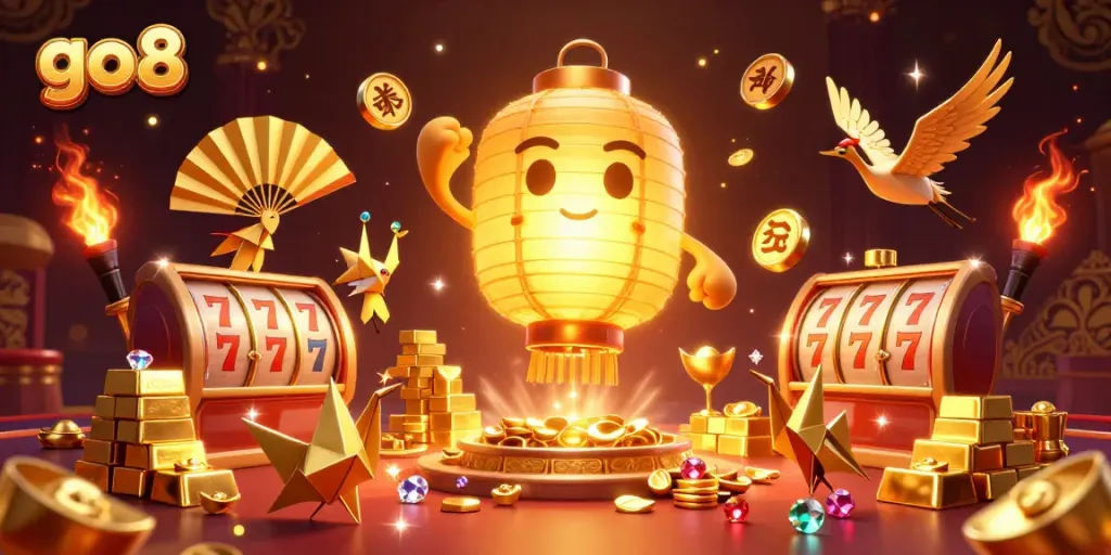 Engage with go8's vibrant casino experience featuring a glowing lantern spirit and spinning slot reels.