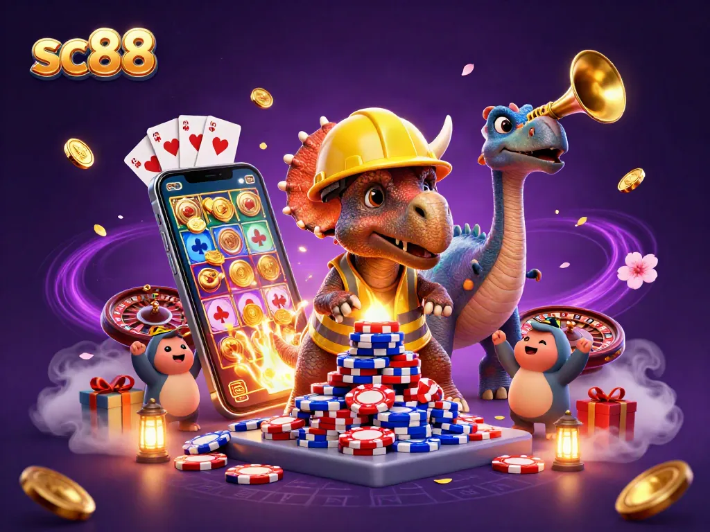 sc88 cartoon triceratops builds a poker chip pyramid with vibrant casino game elements