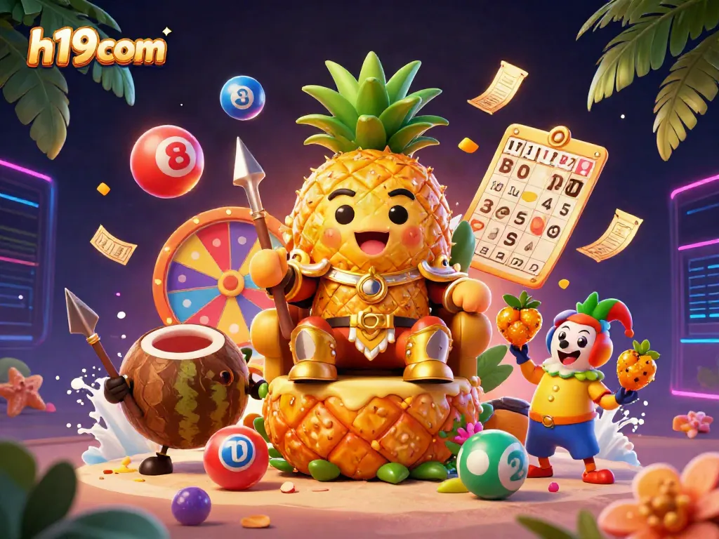 Experience the vibrant h19com casino scene where the pineapple king rules over a treasure of colorful lottery balls and joyful treasures.