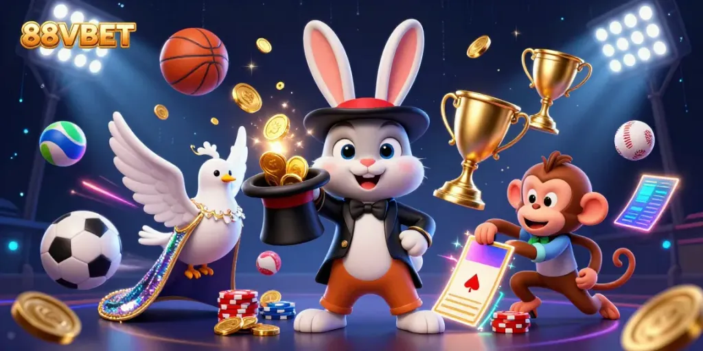 Experience the vibrant thrill of 88VBET, where a magician rabbit unveils golden coins amidst an action-packed casino scene.