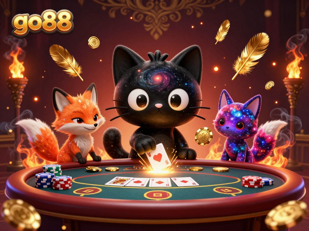 Engage with go88's cosmic casino where characters draw in golden cards and chips.