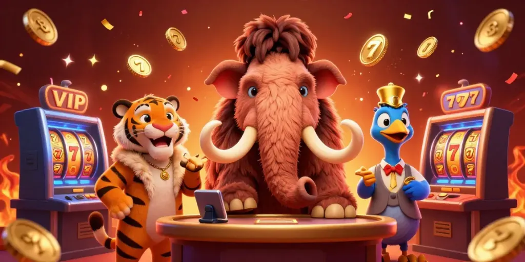 Experience the vibrant go88 casino scene with a mammoth bouncer, saber-tooth VIP, and dodo doorman amidst festive elements.
