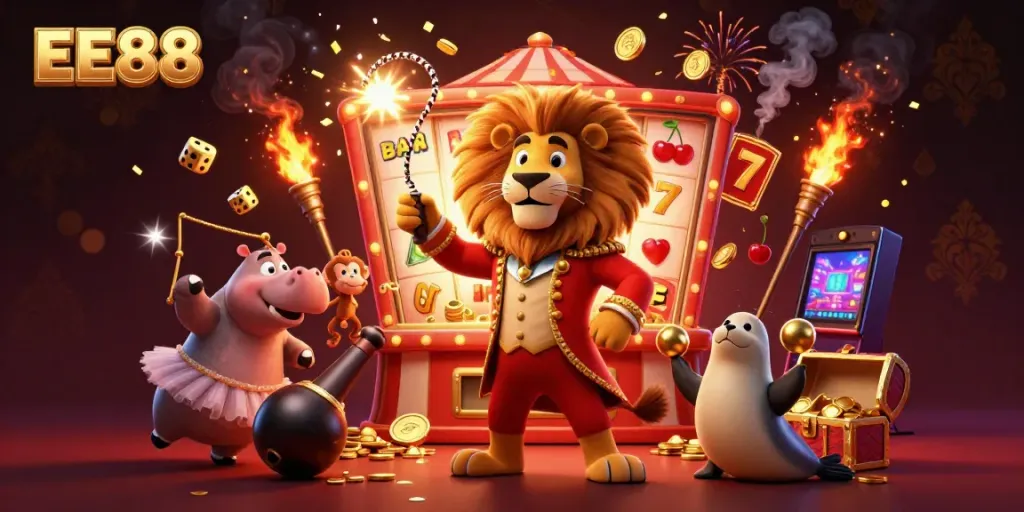 Experience the excitement of EE88 with vibrant characters and thrilling casino elements in this dynamic scene.