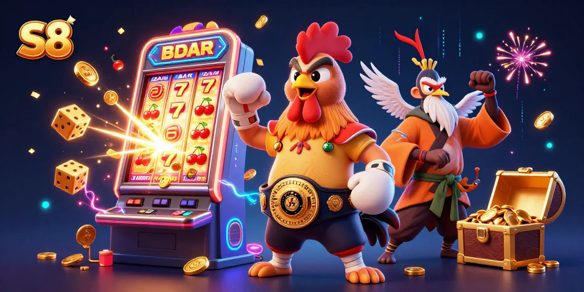 S8 showcases a thrilling explosion of casino excitement with a Muay Thai rooster, Shaolin monkey, and a wise crane master amidst dynamic slot game symbols.