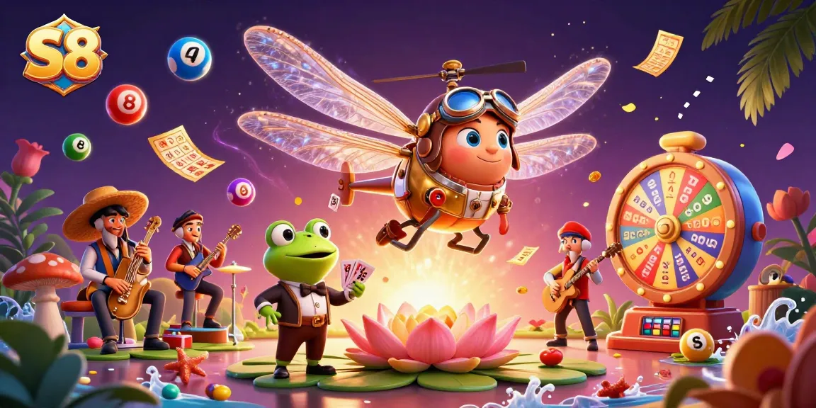 Engage with the S8 lottery experience featuring dynamic illustrations of a dragonfly pilot and vibrant casino elements.