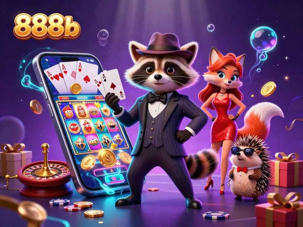 Experience thrilling wins at 888b with a charming raccoon, fox, and hedgehog in a vibrant casino scene.
