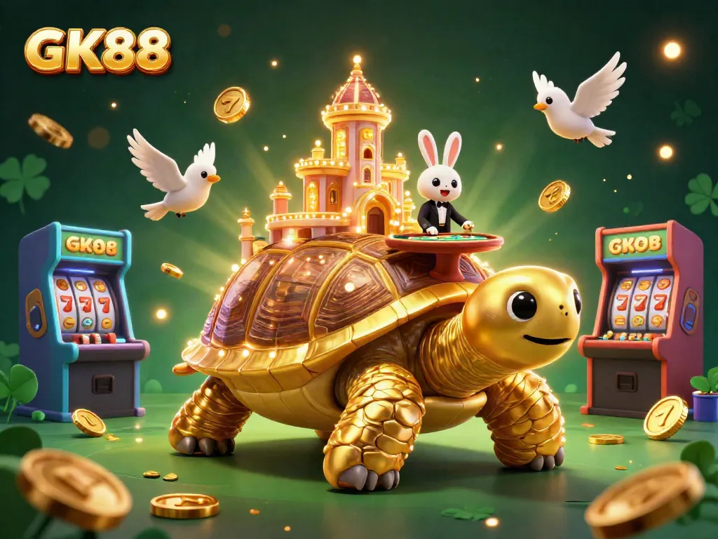 Experience the thrilling GK88 casino with a cartoon golden tortoise casino and vibrant gaming elements.