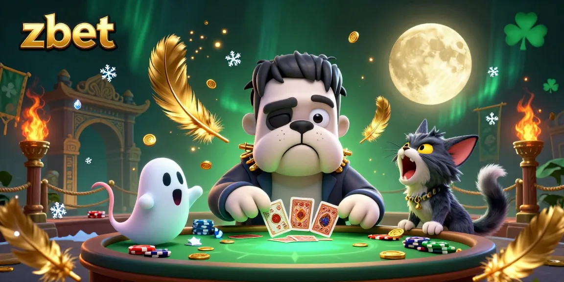 Engage with zbet as a Frankenstein bulldog deals cards amidst spooky casino elements.