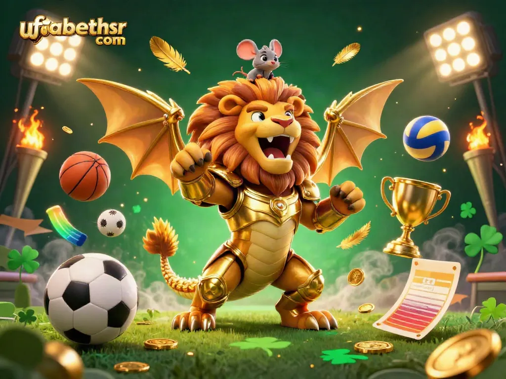Engage in sports betting excitement on ufabethsr com with a roaring chimera and flying sports elements.