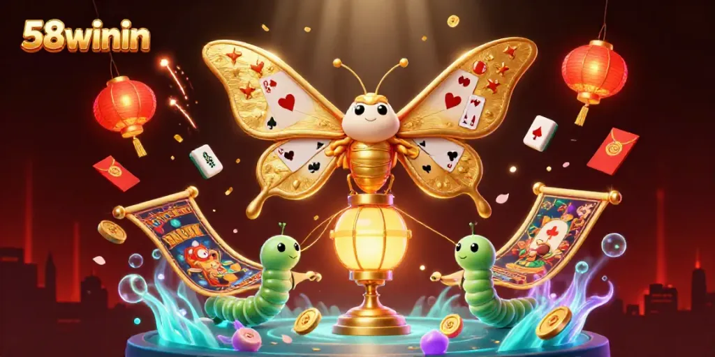 Experience the vibrant world of 58winin through a stunning 3D casino illustration featuring vivid elements of luck and chance.
