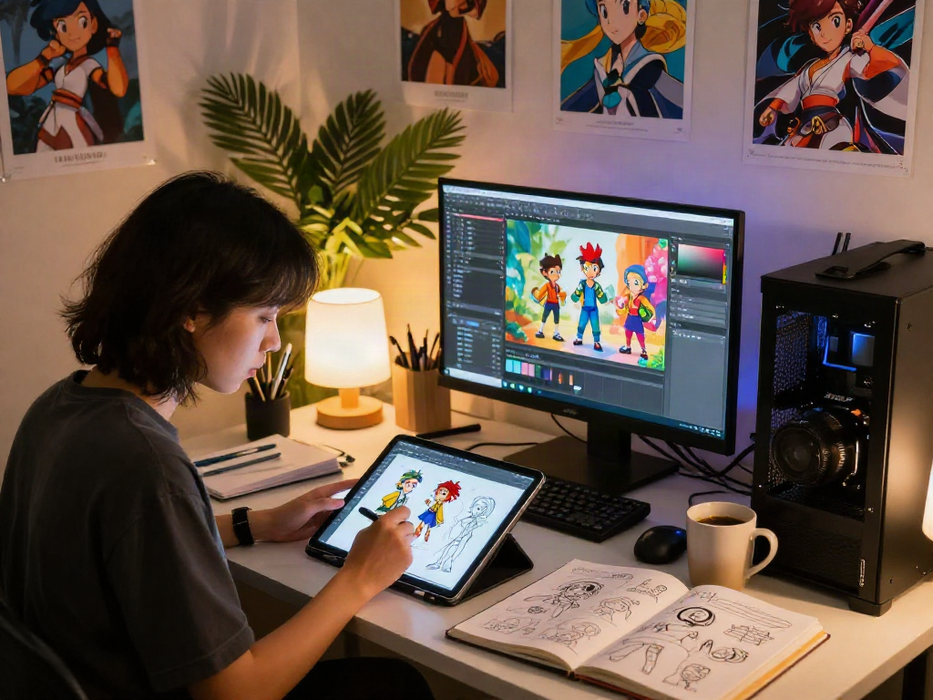 Creating NSFW AI art in a cozy digital studio with vibrant tools and creative setup.