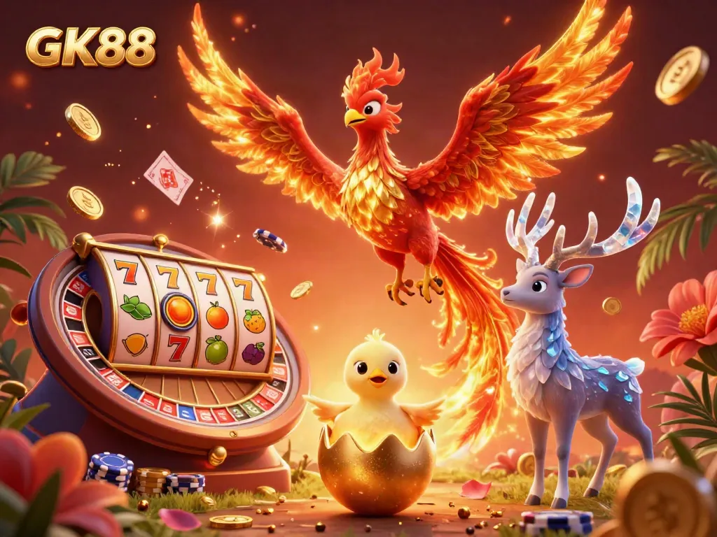 Experience vibrant gameplay with GK88's mesmerizing casino scene featuring a fire phoenix, slot reels, and sparkling cards.