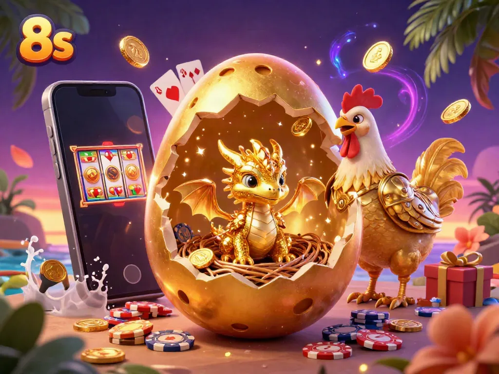 Experience thrilling fun with 8s as a golden baby dragon reveals treasures in a vibrant casino scene filled with excitement.