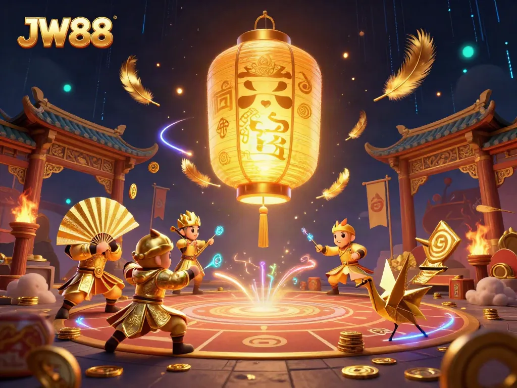 Engage in thrilling action at JW88 with vibrant scenes of online casino gaming and lucky symbols illuminating the night.