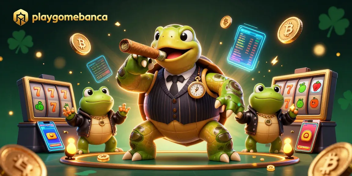 Engage in playgamebanca with a 3D turtle mobster amidst glowing crypto elements.