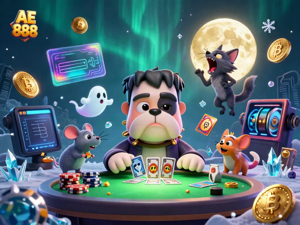 Experience the thrill of AE 888 with a colorful casino scene featuring exciting game elements and lively characters.