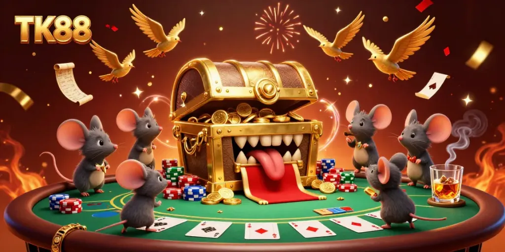 Experience the thrill of TK88 with a golden treasure chest enticing adventurer mice amid a casino backdrop.