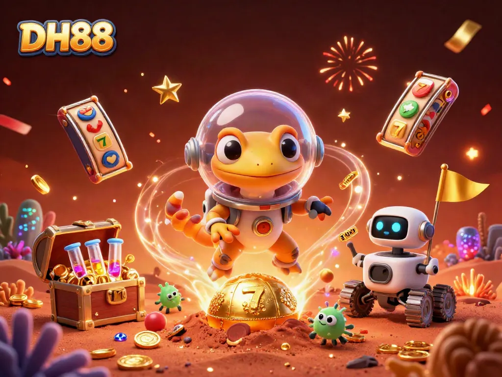 Experience thrilling wins at DH88 with a Martian gecko exploring a golden casino in a vibrant scene.