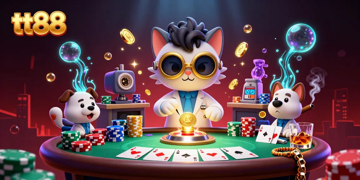 Experience thrilling poker action with tt88 in a vibrant, bustling casino scene filled with golden sparks.
