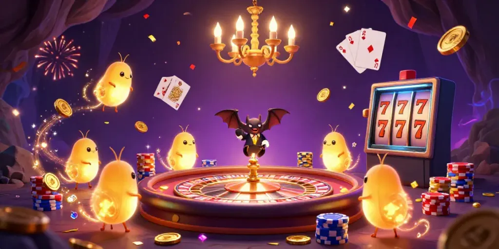 The glowworms of 7M brighten a casino scene with golden light trails amidst vibrant gaming elements.