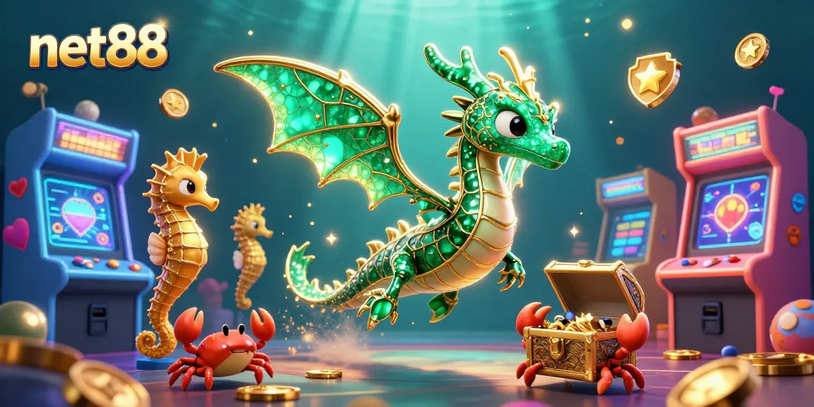 Win big with net88 in a vibrant underwater casino scene featuring sea creatures and arcade elements.