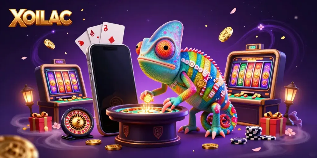 Experience the excitement of XOILAC with a vibrant illustration featuring a dynamic chameleon casino owner and entertaining game elements.