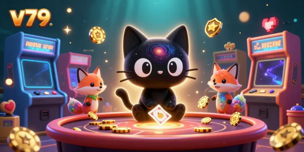 Play thrilling casino games at v79 with a cosmic cat and a nebula fox, surrounded by arcade chaos.