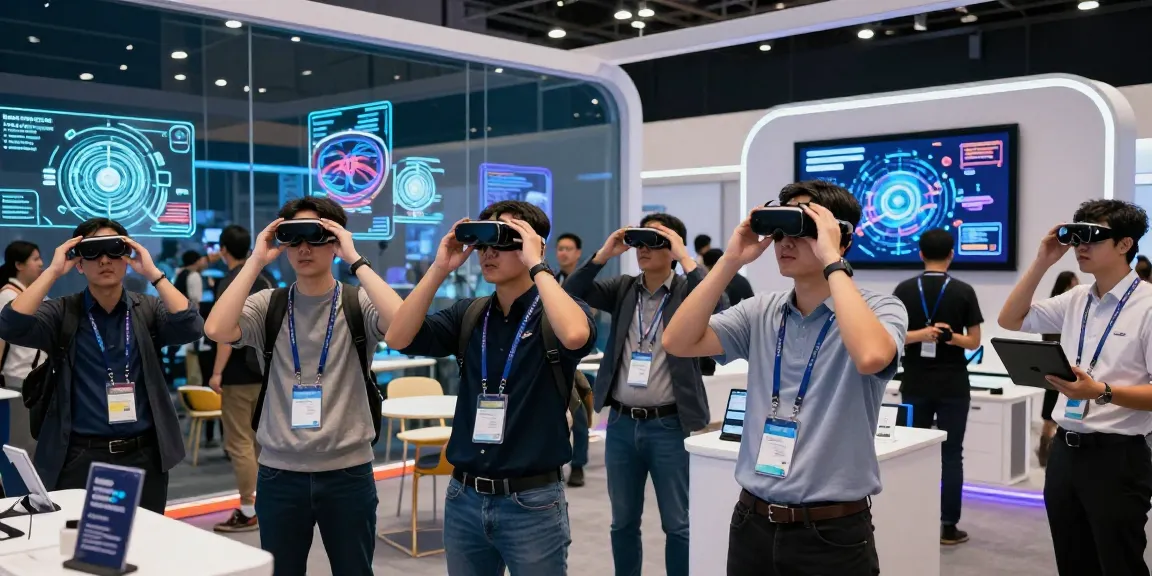 Attendees interacting with AR glasses at a tech convention showcasing innovative augmented reality experiences.