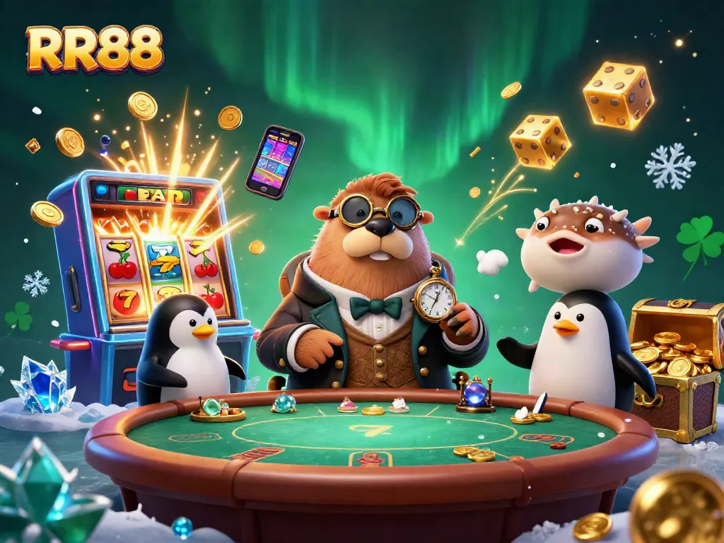Experience the thrill of RR88 as the jolly walrus plays poker underwater, surrounded by a jackpot explosion.