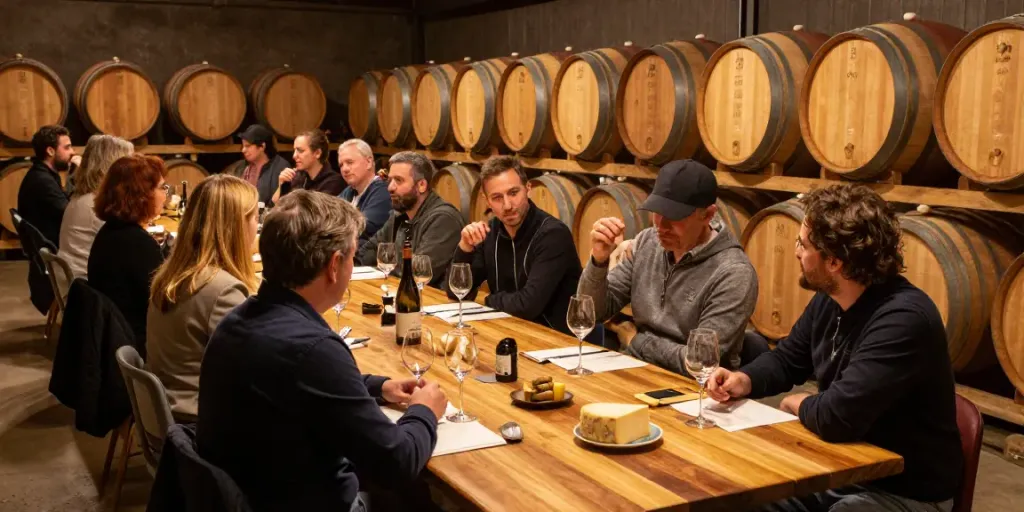 AVP Wine Collective tasting session with winemakers, barrels, and cheeses.