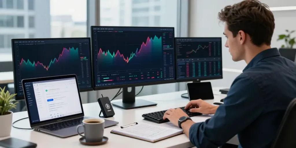 Durov2 cryptocurrency trading workspace with monitors displaying digital assets.