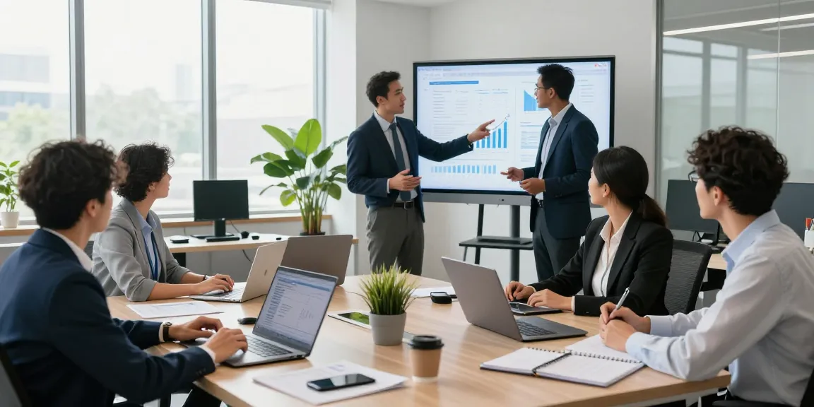 Team of professionals discussing merchant cash advance companies in a modern office.