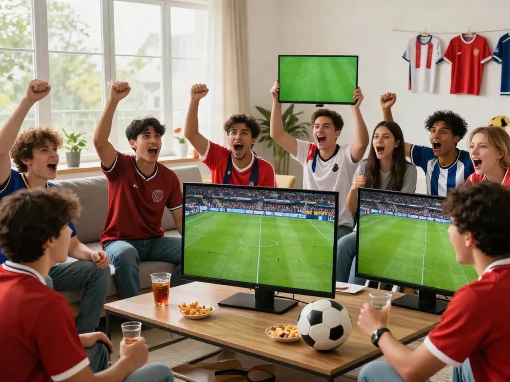 Xoilactv fans enjoying an exciting live football match together in a vibrant living room.