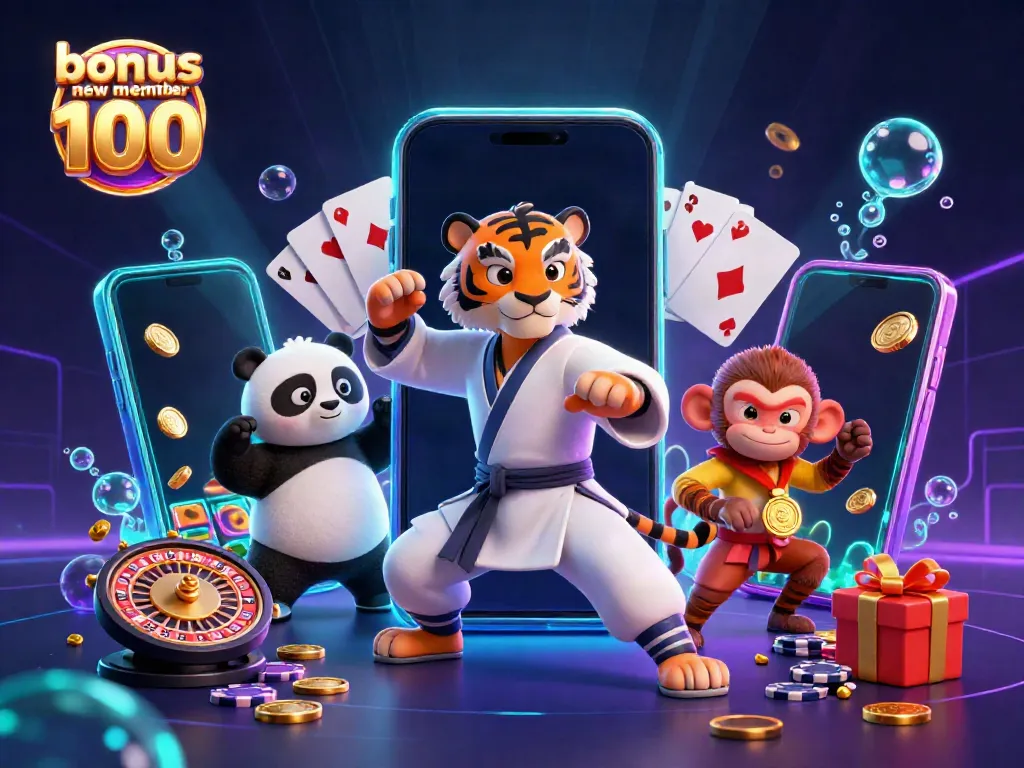 Experience fun with bonus new member 100 in this vibrant casino-themed illustration featuring cartoon characters.