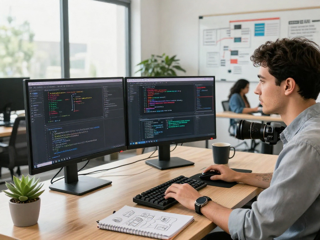 Software engineer coding on dual monitors in a modern tech workspace, exemplifying net88's innovative approach.