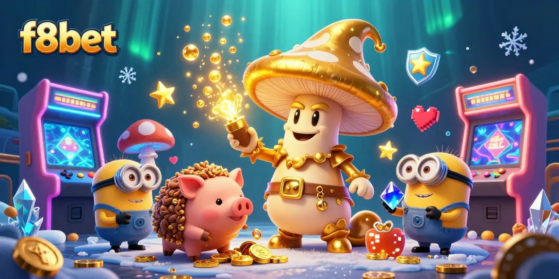 Experience the magic of f8bet with a golden mushroom wizard and treasure-seeking characters in a vibrant casino setting.