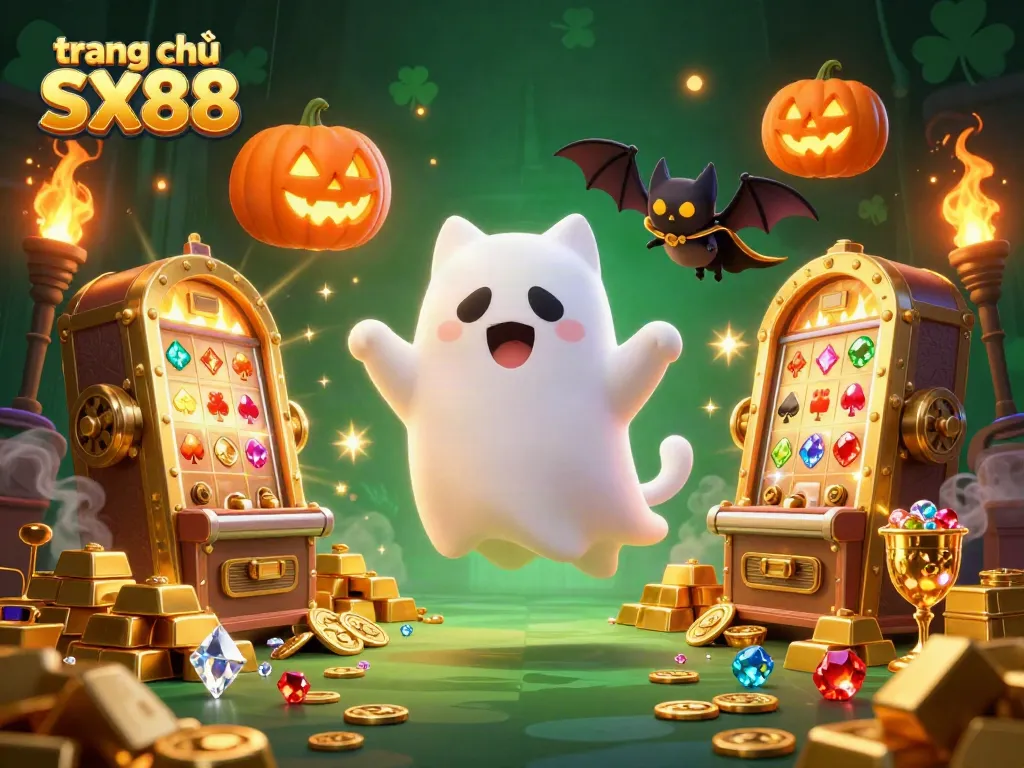 Enjoy thrilling games at trang chủ SX88 with an energetic scene featuring a ghost cat, vampire bat, and glowing treasures.
