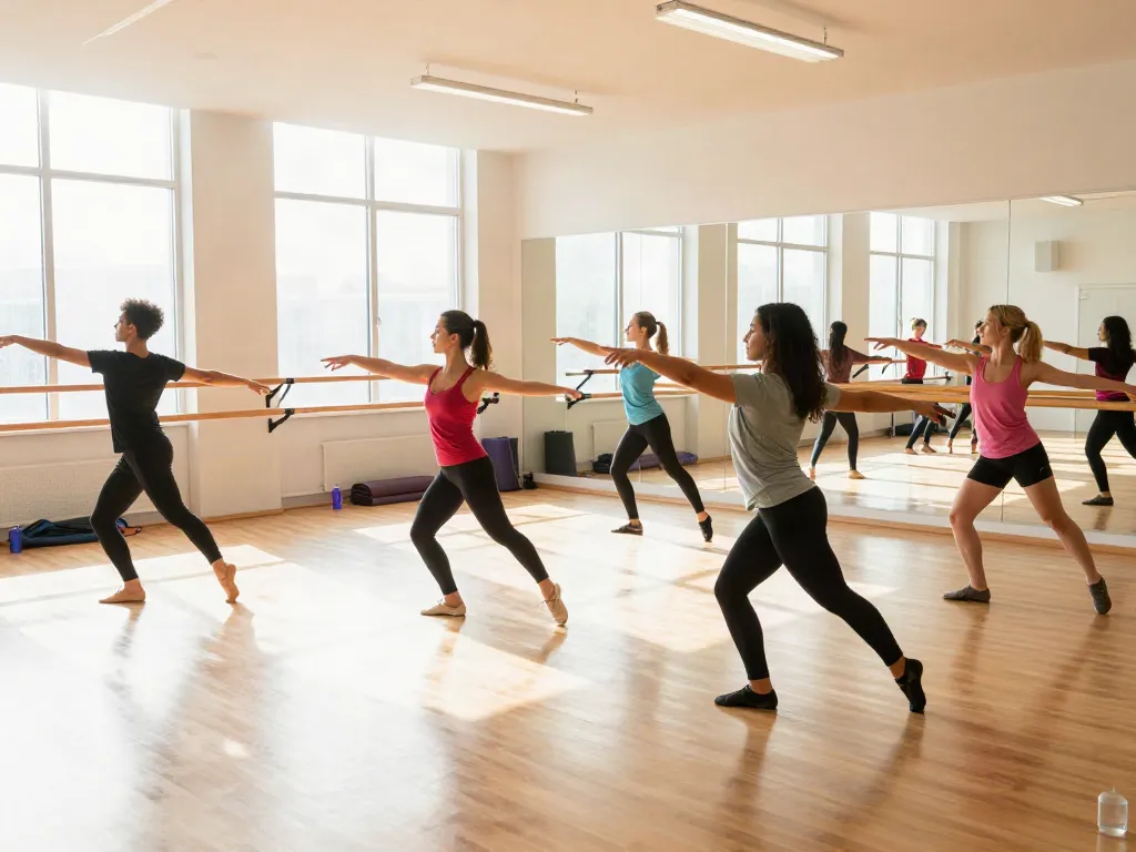 Synchronized dancers rehearsing at kineticsynergydancecompany.com in a sunlit studio.