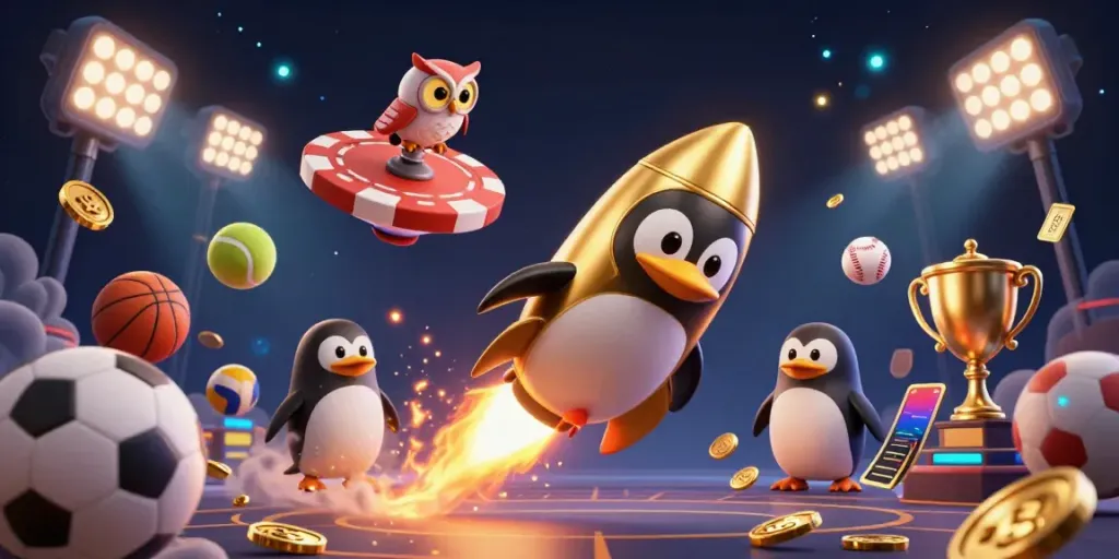 Experience FV88's exciting online gaming world featuring a golden penguin and casino elements.